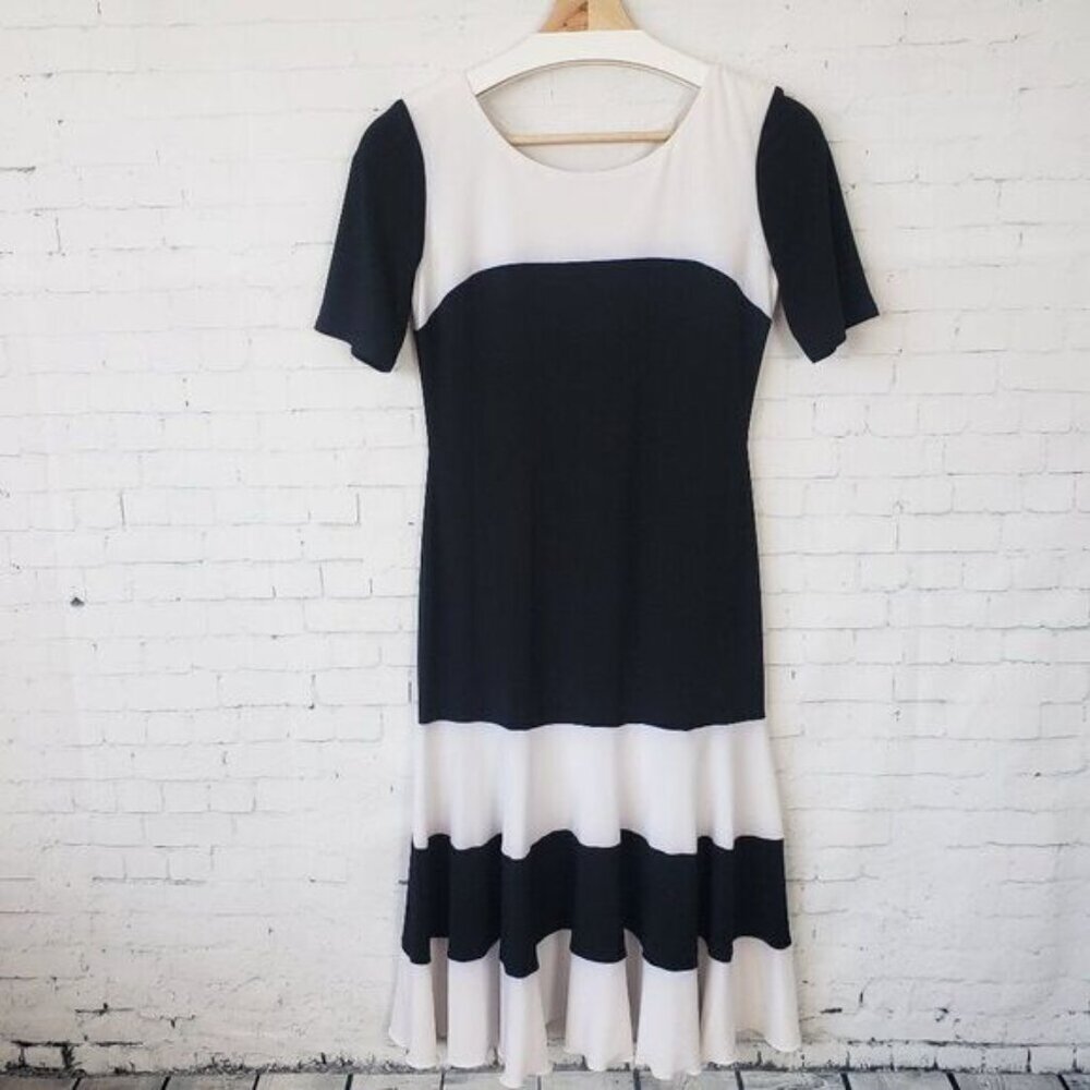 Joseph Ribkoff Color Block Midi Dress Size 6 Black White Stretch Jersey Knit
